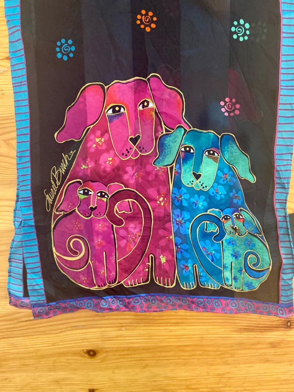 Laurel Burch Blossoming Pups Impressionist Magical Folk Art Silk Scarf - Picture 5 of 7